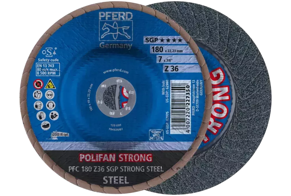 Ściernica listkowa POLIFAN STRONG PFC 180 × 22,23 mm stożkowa Z36 linia specjalna SGP STEEL do stali 1