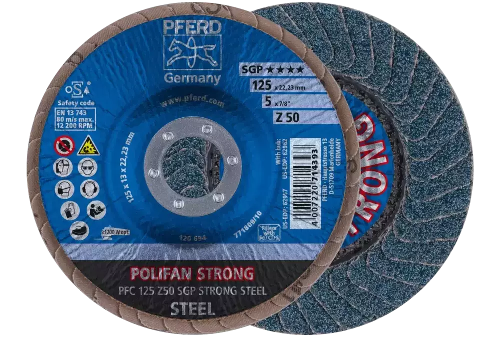 Ściernica listkowa POLIFAN STRONG PFC 125 × 22,23 mm stożkowa Z50 linia specjalna SGP STEEL do stali 1