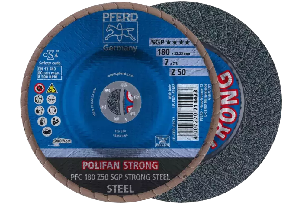 Ściernica listkowa POLIFAN STRONG PFC 180 × 22,23 mm stożkowa Z50 linia specjalna SGP STEEL do stali 1