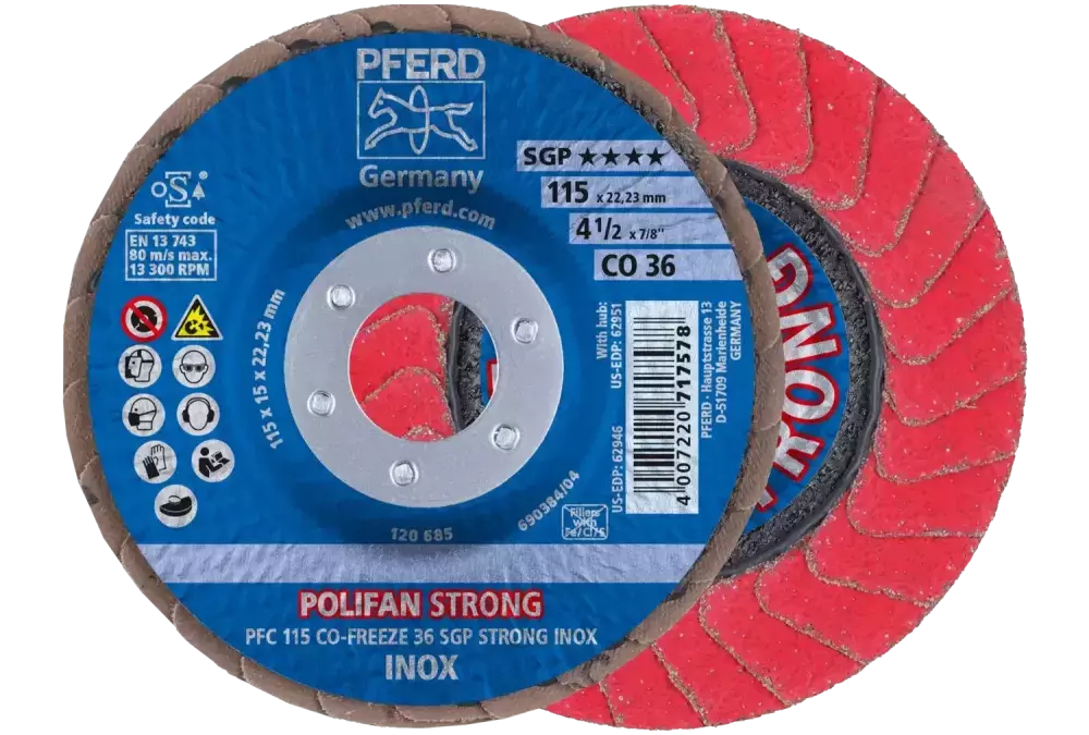 Ściernica listkowa POLIFAN STRONG PFC 115 × 22,23 mm stożkowa CO-FREEZE 36 SGP INOX do stali nierdzewnej 1