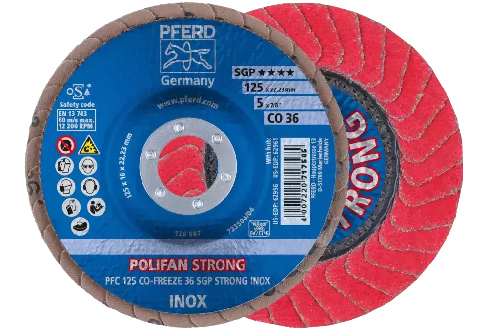 Ściernica listkowa POLIFAN STRONG PFC 125 × 22,23 mm stożkowa CO-FREEZE 36 SGP INOX do stali nierdzewnej 1