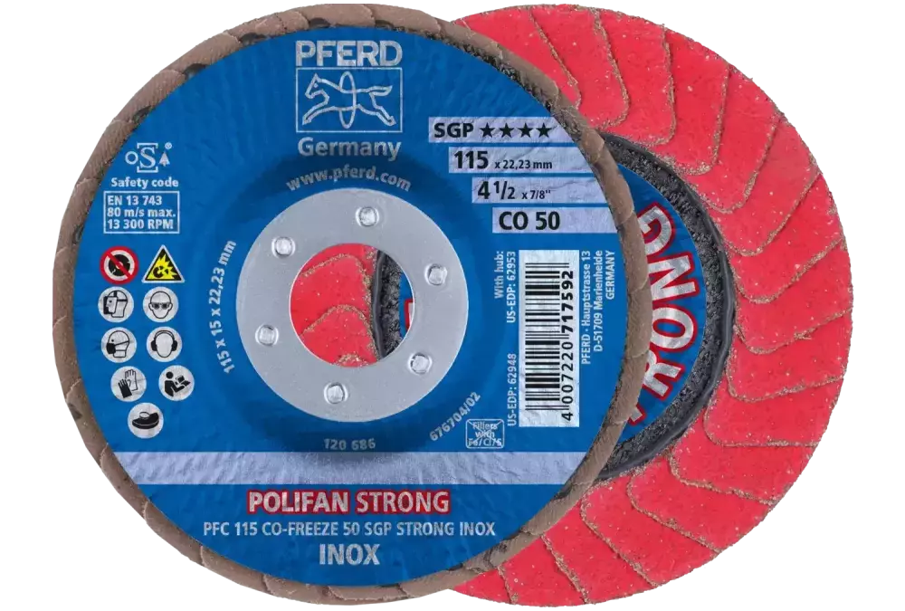 Ściernica listkowa POLIFAN STRONG PFC 115 × 22,23 mm stożkowa CO-FREEZE 50 SGP INOX do stali nierdzewnej 1