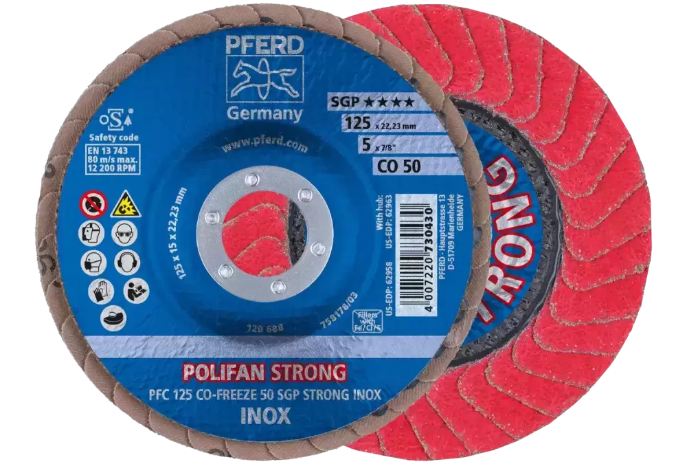 Ściernica listkowa POLIFAN STRONG PFC 125 × 22,23 mm stożkowa CO-FREEZE 50 SGP INOX do stali 1