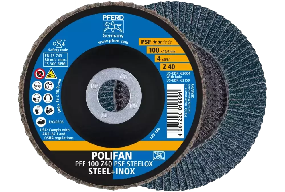 Ściernica listkowa POLIFAN PFF 100 × 16 mm płaska Z40 linia uniwersalna PSF STEELOX stal/stal nierdzewna 1