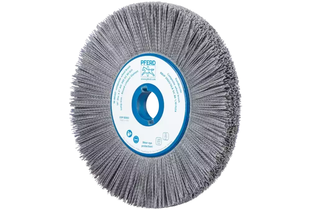 SZCZOTKI KOMPOZYTOWE tarczowe FLEX RBUP Ø 350 × 25 × 50,8 mm włókno SiC do otworu Ø 1,10 mm, ziarno 80, stacjonarne 1