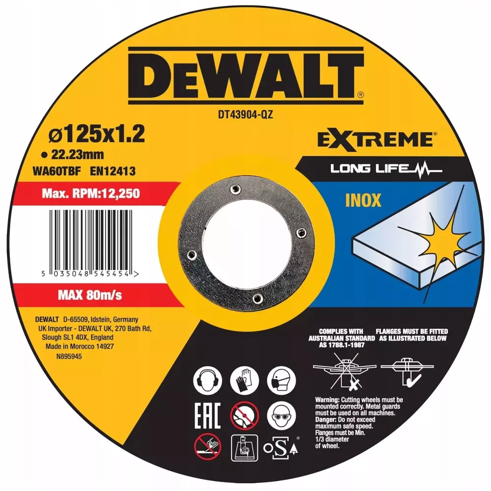 Tarcza do cięcia metalu 125x1,2x22,23 WA60TBF płaska DeWALT DT43904 1