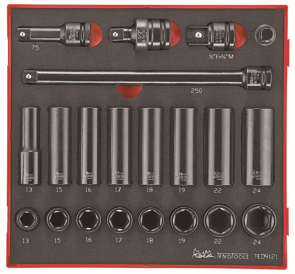 21-elementowy zestaw nasadek maszynowych z chwytem kwadratowym 1/2 Teng Tools TED 9121 1