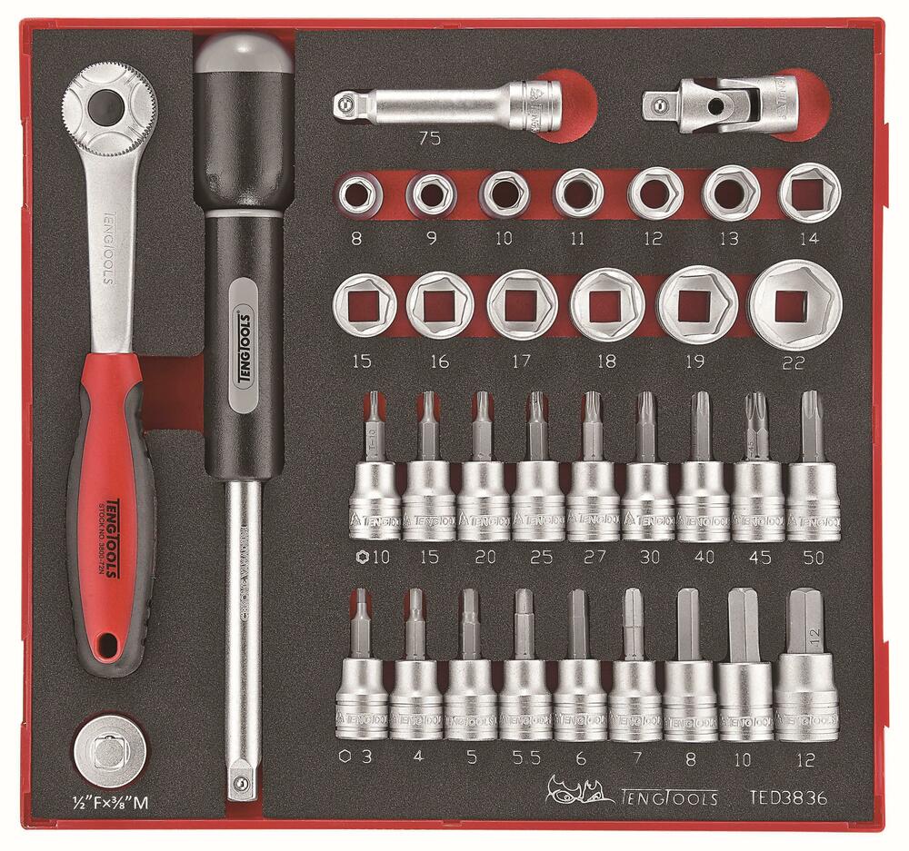 36-elementowy zestaw narzędzi nasadkowych z chwytem kwadratowym 3/8 Teng Tools TED3836 1