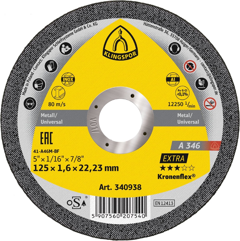 Tarcza do cięcia metalu 115x1,6x22,23 A 346 Extra płaska Klingspor 340936 1