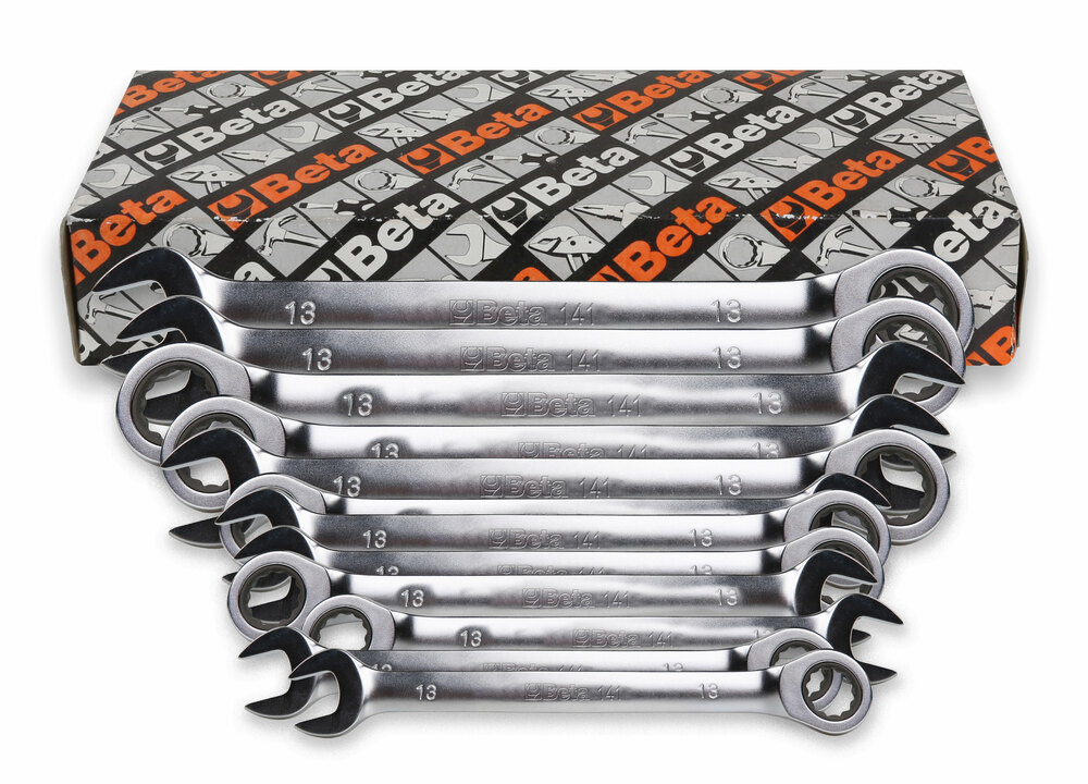 Komplet kluczy płasko-oczkowych z dwukierunkowym mechanizmem zapadkowym 142,prosty 8-19 mm, 11 sztuk, w pokrowcu, model 141/s12 1