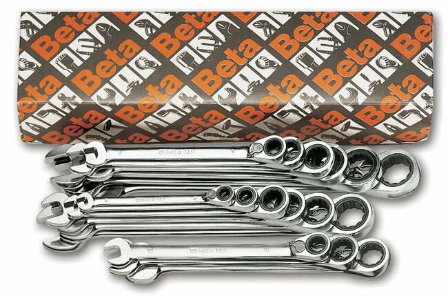 Komplet kluczy płasko-oczkowych z dwukierunkowym mechanizmem zapadkowym 142, 6-22 mm, 15 sztuk, w kartonie, model 142/s15 1