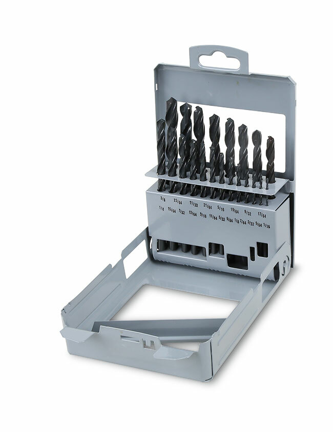 Komplet wierteł cylindrycznych, krótkich calowych 410as, hss, 1/16 -3/8, 21 sztuk w pudełku metalowym, model 410as/sp21 1