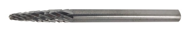 Pilnik obrotowy z węglika spiekanego, kształt ostrołukowy zaokrąglony, 3x13mm, trzpień 3mm, nacięcie standard z łamaczem wióra, 1