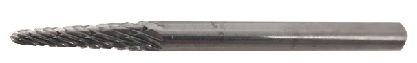 Pilnik obrotowy z węglika spiekanego, kształt stożkowy zaokrąglony, 3x13mm, trzpień 3mm, nacięcie standard z łamaczem wióra, mod 1