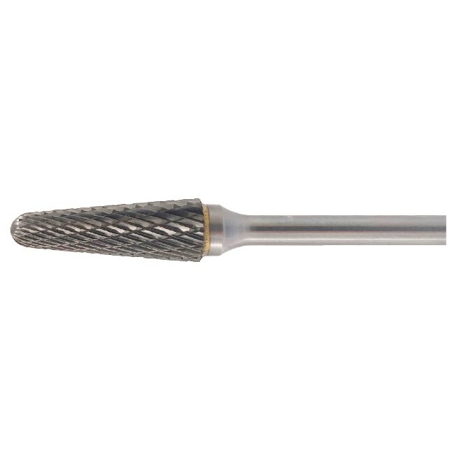 Pilnik obrotowy z węglika spiekanego, kształt stożkowy zaokrąglony, 9.5x27mm, trzpień 6mm, nacięcie standard z łamaczem wióra, m 1