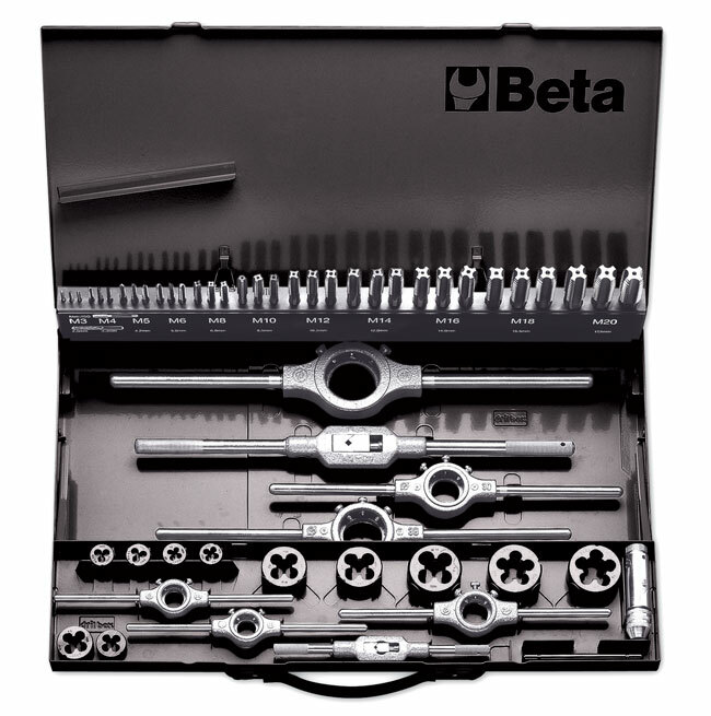 Zestaw gwintowników i narzynek metrycznych z akcesoriami, hss, 53 elementy, m3x0,5 - m20x2,5mm, w pudełku metalowym, model 447/c 1
