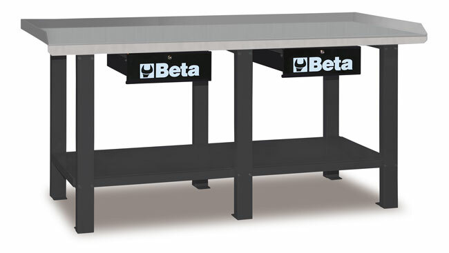 Stół warsztatowy z dwiema szufladami i półką, blat pokryty blachą stalową ocynkowaną, szary,model 5600/c56g, 930x2000x640mm 1