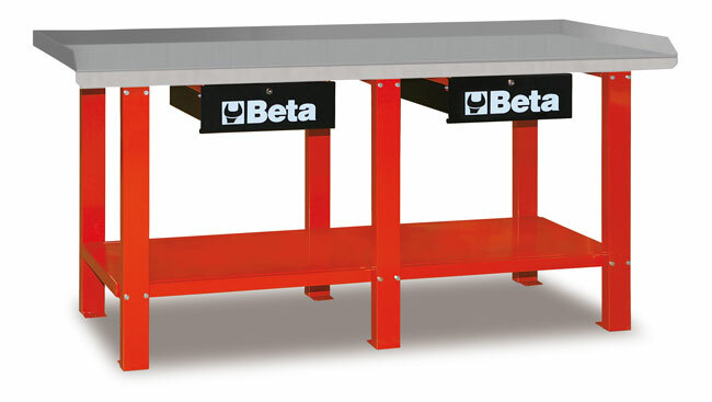 Stół warsztatowy z dwiema szufladami i półką, blat pokryty blachą stalową ocynkowaną, czerwony, model 5600/c56r, 930x2000x640mm 1