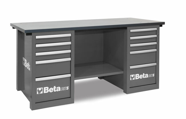 Stół warsztatowy z dwiema szafkami, dziesięć szuflad, blat z drewna klejonego warstwowo, pusty, model 5700/c57scg, szary, 830x19 1
