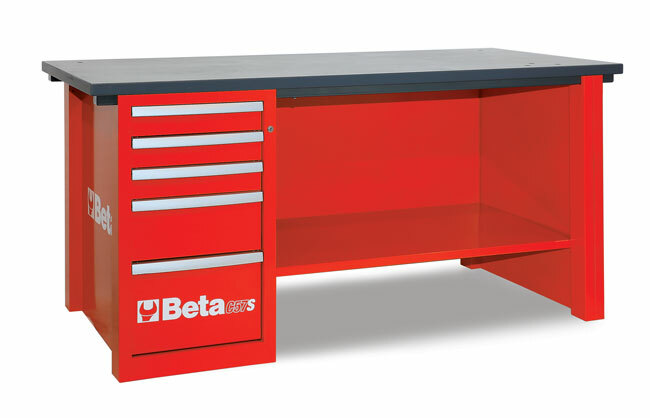 Stół warsztatowy z szafką z pięcioma szufladami, blat z drewna klejonego warstwowo, pusty, model 5700/c57sdr, czerwony, 830x1900 1