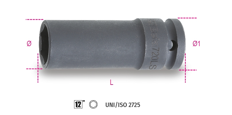Nasadka udarowa sześciokątna, długa smukła z gniazdem 1/2, model 720ls, 19mm 1
