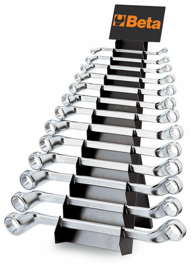 Komplet kluczy oczkowych dwustronnych odsadzonych 90, 6-32mm, 13 sztuk, na stojaku metalowym, model 90/sp13 1