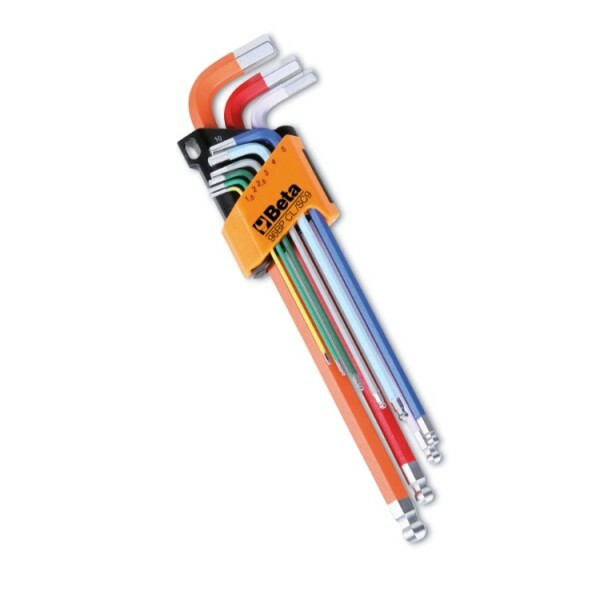 Komplet kluczy trzpieniowych kątowych sześciokątnych z kulistą końcówką, długich,rozmiar oznaczony kolorem,  1,5-10mm, 9 sztuk, 1