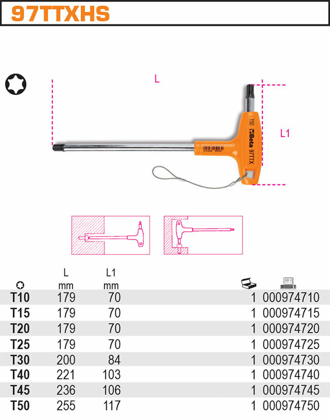 Klucz trzpieniowy kątowy profil torx z rękojeścią do prac na wysokościach, model 97ttx-hs, t10 1