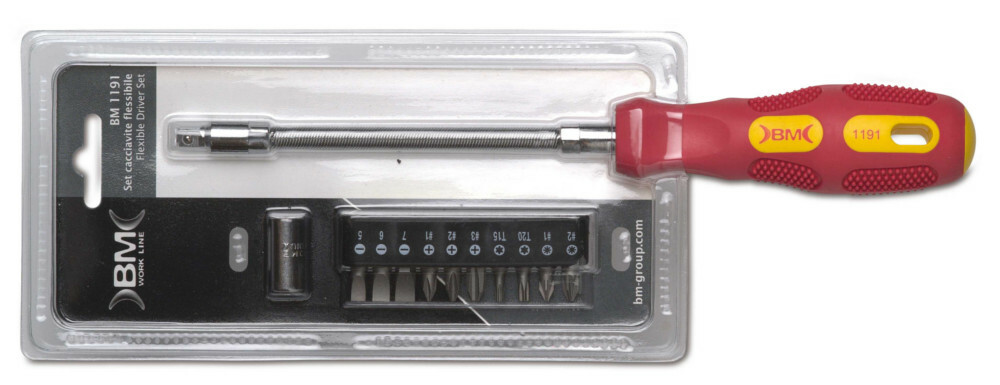 Wkrętak z zestawem wymiennych końcówek, uchwyt 1/4, końcówka płaska 5-6-7mm, ph1, ph2, pz1, pz2, końcówka torx t15-t20 model bm 1