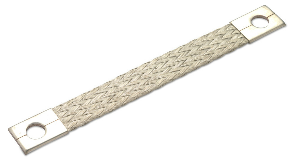 Szyna uziemiająca miedziana elastyczna cynowana, plecionka, obustronnie zaprasowana na śrubę, 16 mm2, 320 mm,  śr8, 16-8 l320, o 1