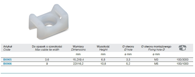 Uchwyt przykręcany, kolor naturalny 1t op.d/3,6mm(100szt model bmb0905 1