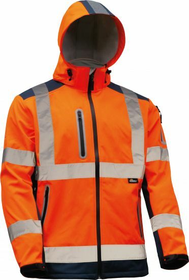Kurtka softshell ostrzegawcza o intensywnej widzialności odporna na deszcz, z kapturem, pomarańczowo-granatowa, model vwjk177on 1