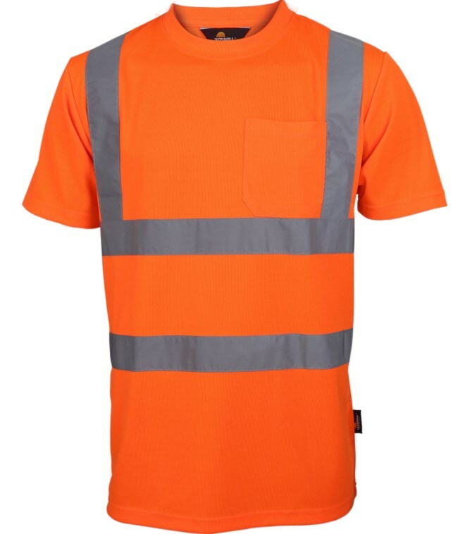 T-shirt ostrzegawczy o intensywnej widzialności, przewiewny poliester pique, 2 taśmy odblaskowe poziome i 2 pionowe na ramionach 1