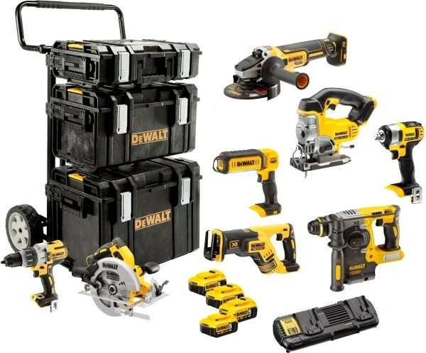 Zestaw 8 narzędzi + 4 x 5Ah + ładowarka + 3 kufry + wózek DeWALT DCK854P4 1