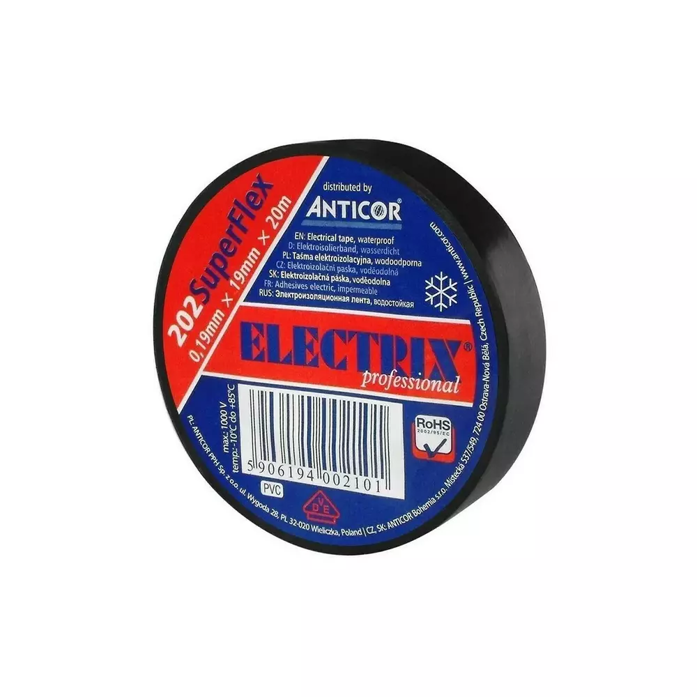 Taśma izolacyjna PCW 20 m x 19 mm czarna najwyższej klasy Anticor ELECTRIX 202SuperFlex 1