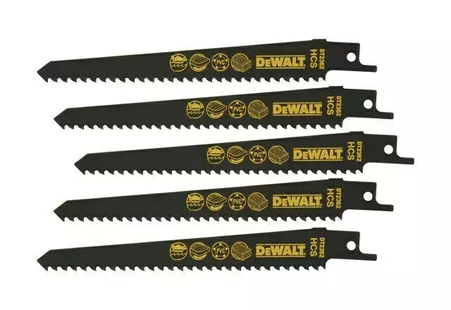 Zestaw 5 szt. brzeszczotów bagnetowych HCS do piły szablastej, do drewna 6 zębów/cal, długość 152 mm, Dewalt DT2362 1