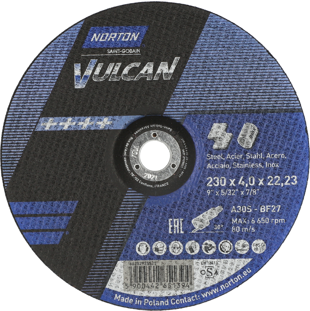 Tarcza do szlifowania metalu 230x4,2x22,23 Vulcan wypukła Norton 66252925521 1