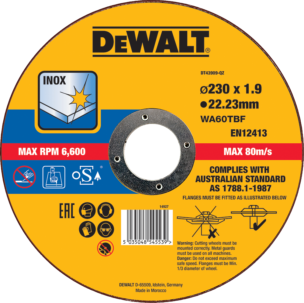 Tarcza do cięcia metalu 230x1,9x22,23 WA60TBF płaska DeWALT DT43909 1