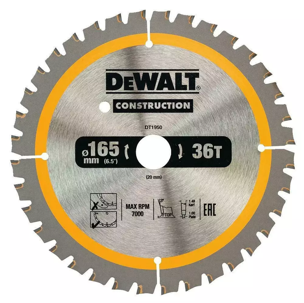 Piła tarczowa do cięcia drewna ø165x20x1,00mm, grubość cięcia 1,49mm, 36 zębów, CONSTRUCTION DeWALT DT195 1