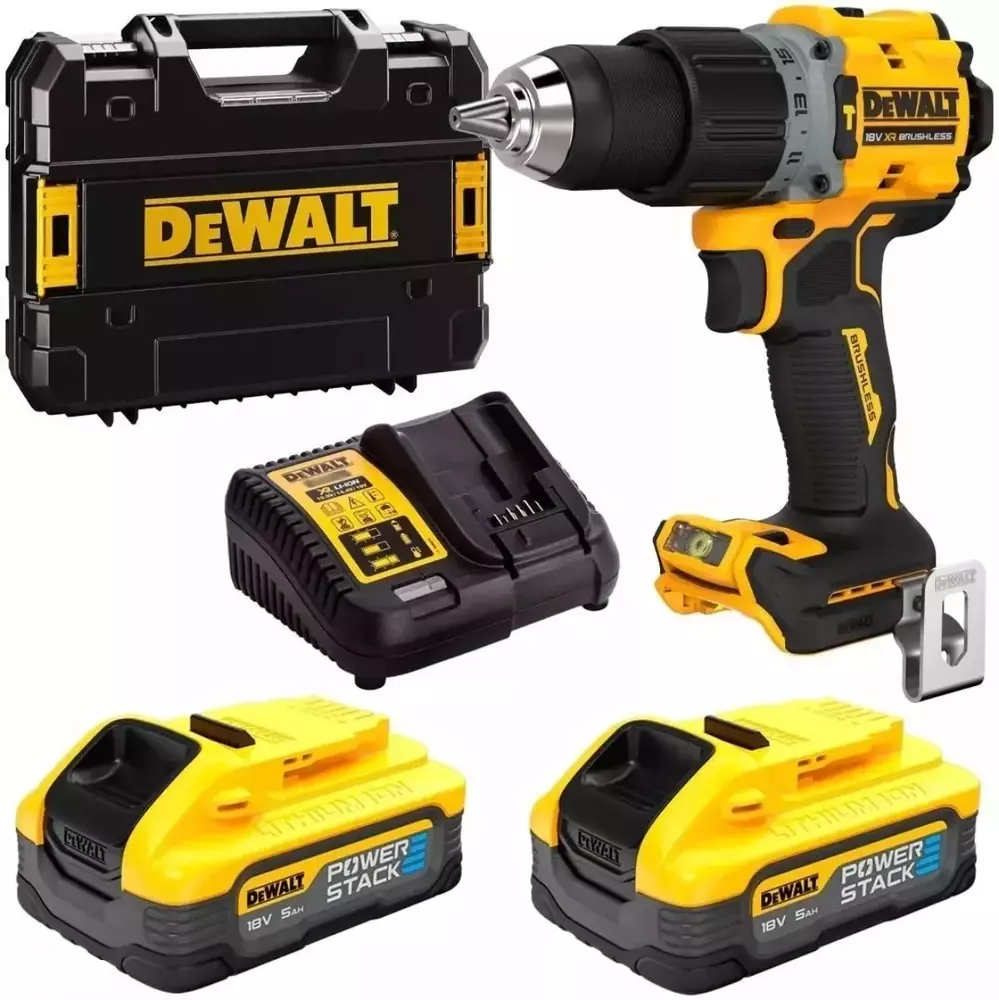 Wiertarko-wkrętarka 18V + 2 x aku 5Ah PowerStack + ładowarka + walizka DeWALT DCD805H2T 1