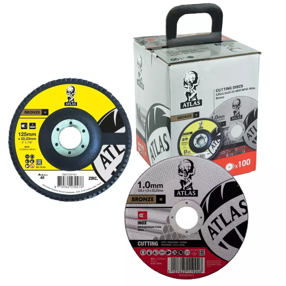 Zestaw 100 szt. tarcz do cięcia metalu 125x1x22,23 płaska Atlas 66252850224 + lamelka 125 GRATIS 1