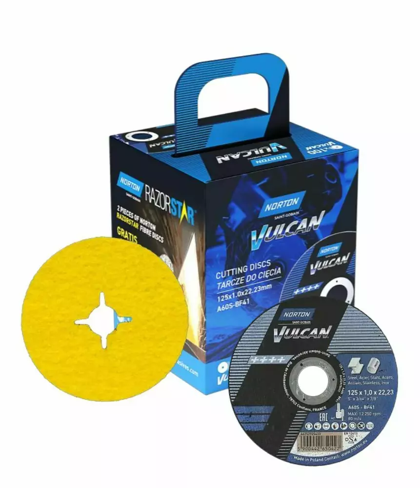 Zestaw 100 szt. tarcz do cięcia metalu 125x1x22,23 Vulcan płaska Norton 66252850520 + 2 krążki RazorStar P36 125mm GRATIS 1