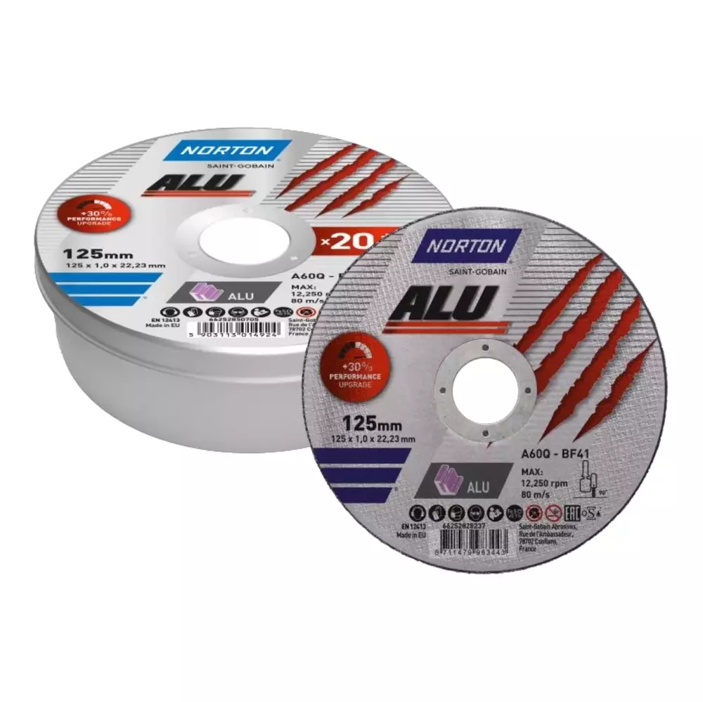 Zestaw 20 szt. tarcz do cięcia aluminium 125x1x22,23 płaska ALU Norton 66252850705 + 2 sztuki GRATIS 1