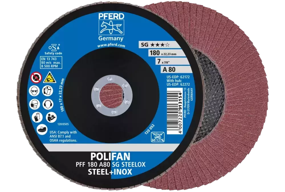Ściernica listkowa POLIFAN PFF 180 × 22,23 mm płaska A80 linia wydajna SG STEELOX stal/stal nierdzewna 1