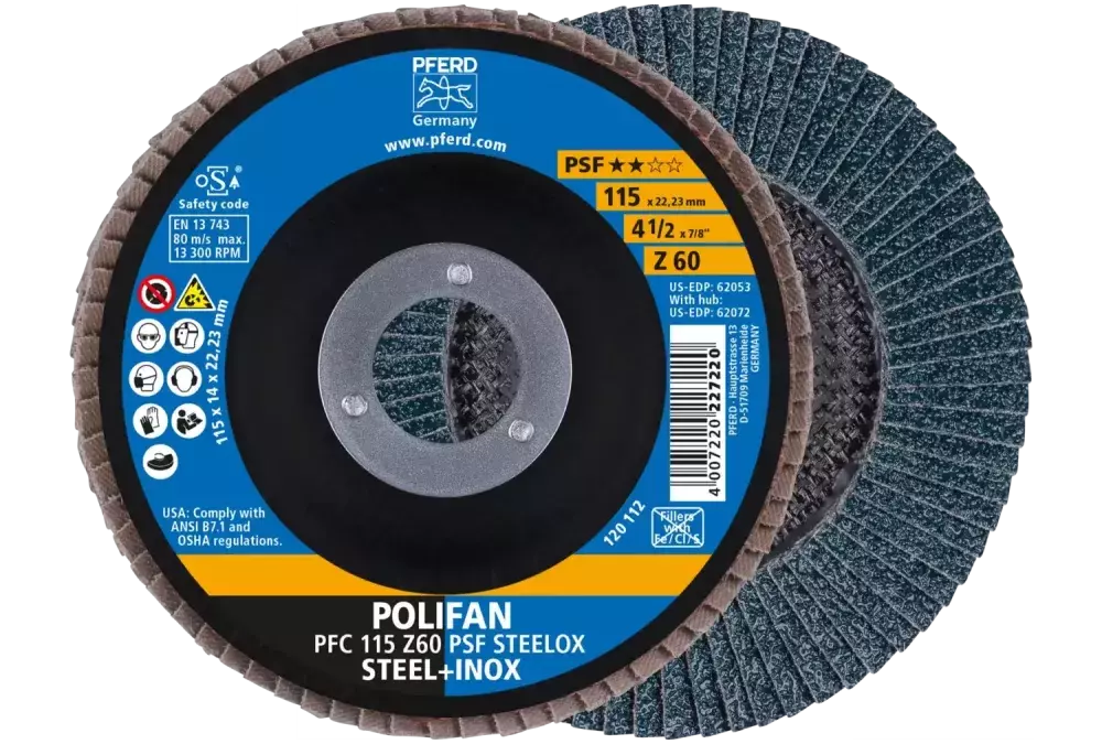 Ściernica listkowa POLIFAN PFC 115 × 22,23 mm stożkowa Z60 linia uniwersalna PSF STEELOX stal/stal nierdzewna 1