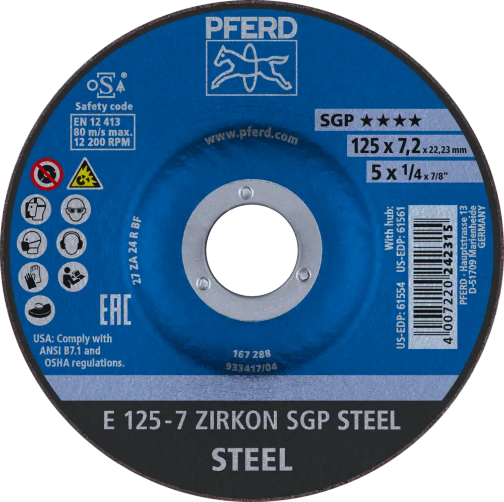 Tarcza do szlifowania metalu 125x7,2x22,23 ZIRKON SGP STEEL wypukła Pferd 62212737 1