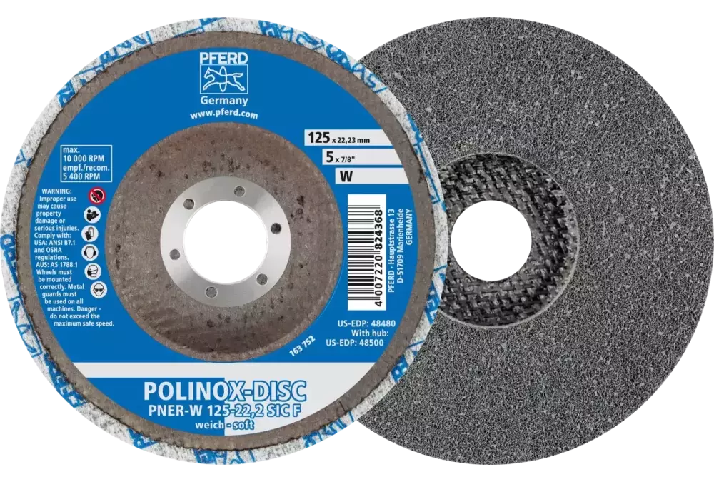 Dysk z włókniny prasowanej POLINOX PNER Ø 125 mm do otworu Ø 22,23 mm miękki SIC drobnoziarnisty do wykańczania 1