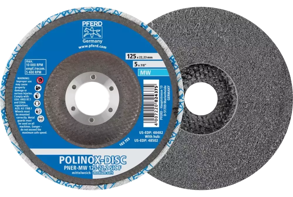 Dysk z włókniny prasowanej POLINOX PNER Ø 125 mm do otworu Ø 22,23 mm średnio miękki SIC drobnoziarnisty do wykańczania 1