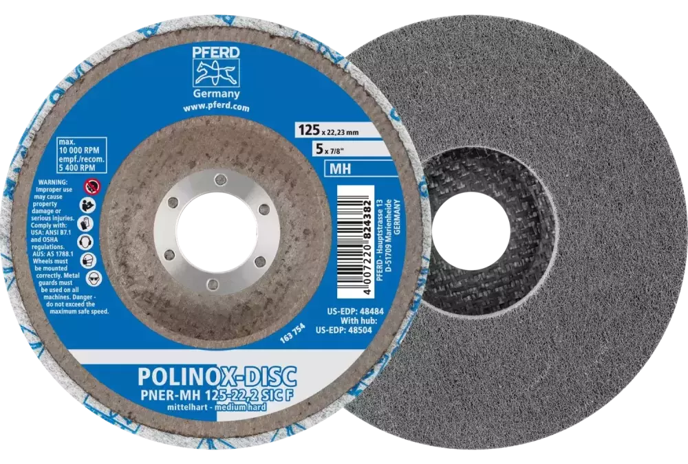 Dysk z włókniny prasowej POLINOX PNER Ø 125 mm do otworu Ø 22,23 mm średnio twardy SIC drobnoziarnisty do wykańczania 1