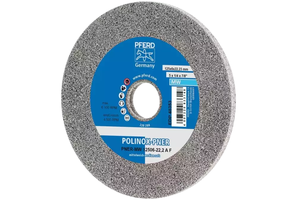 Dysk z włókniny prasowanej POLINOX PNER Ø 125 × 6 mm do otworu Ø 22,23 mm średnio miękki A drobnoziarnisty do wykańczania 1